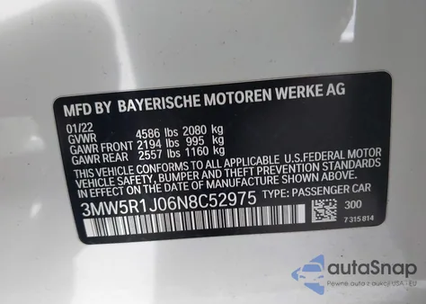 2022 BMW 330I z USA, uszkodzony, nr VIN 3MW5R1J06N8C52975
